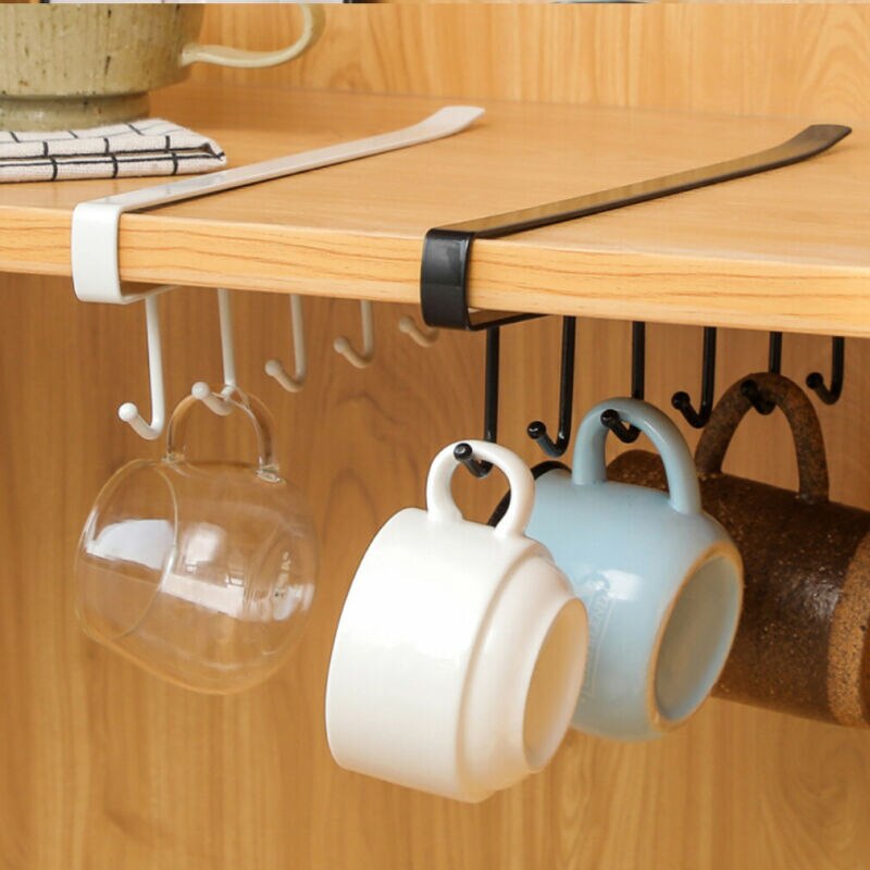 (Pack of 2) 6 Hooks Metal hanger, Storage Shelf Wardrobe Cabinet Metal Under Shelves Mug Cup Hanger Kitchen Organizer Rack Holder